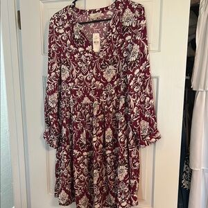 LOFT Burgundy and White Bishop Sleeve Dress New